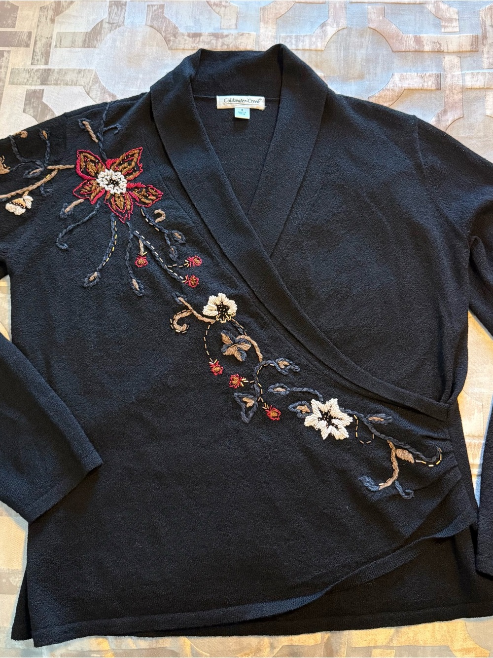 Coldwater Creek Black Wrap Cardigan with Floral Embroidery